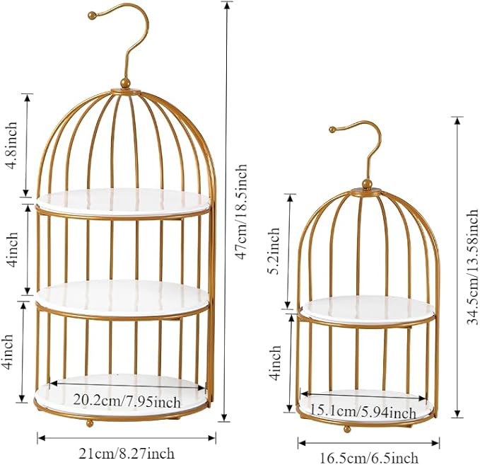 an 8.2*18.5-inch and a 6.5*13.5-inch Three-Layer Polypropylene Double-Layer Polypropylene Birdcage-Shaped Dessert Serving Tray Display Stand, Suitable for Decoration of Wedding Reception Tables.