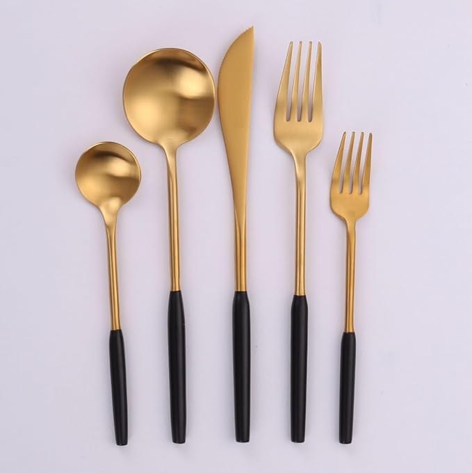 Vikko Dine Modern Silverware Set: Unique Brushed Black and Gold Set - Satin Matte - 18/10 stainless steel flatware For Upscale Dining and Entertaining- 20 Piece Cutlery Set - Service for Four (4)