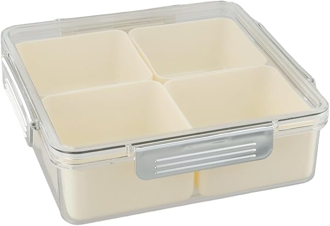 White Divided Serving Tray with Lid, 45 Compartments Snack Box for Candy Nuts Cookies Fruit, Portable ABS Food Storage Container for Parties Picnics Gatherings(Milk silver-square)