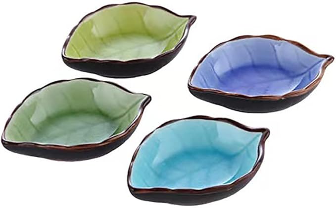 4Pcs Creative Leaf Shape Dipping Bowls Ceramic Dipping Soy Sauce Bowl Dishes Small Fruits Dessert Appetizer Bowl Plates Serving Bowls Dinnerware for Tomato Sauce Condiments BBQ Home Party, 4 Colors