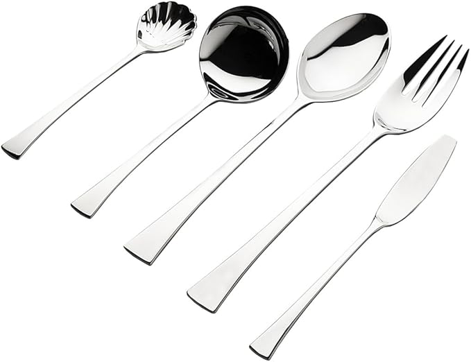 Ricci Argentieri Stellar Flatware Set, 18/10 Stainless Steel Flatware with Serving Spoon, Gravy Ladle, Serving Fork, Butter Knife and Serving Spoon, 5 Piece Set
