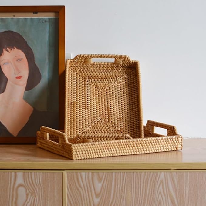 Rattan Serving Tray, Hand Woven Tray with Handles, Rectangular Wicker Basket Tray for Coffee Table Home Decor (14.5 x 10.2 x 1.4 inch)
