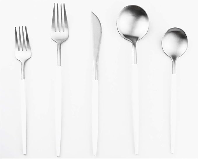 Gugrida Luxury Flatware, Royal 20 Piece Matte White Handle 18/10 Stainless Steel Tableware Sets for 4 Including Forks Spoons Knives, Camping Silverware Travel Utensils Set Cutlery (White Silver)