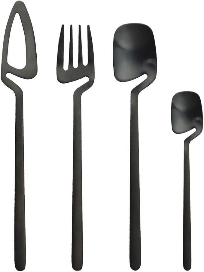 Luxury Matte Black Flatware, Silverware Sets, 4-piece Elegant Cute 18/10 Stainless Steel Silverware Set for Eating Home Kitchen Hotel Restaurant, Service Sets for 1 People, Dishwasher Safe