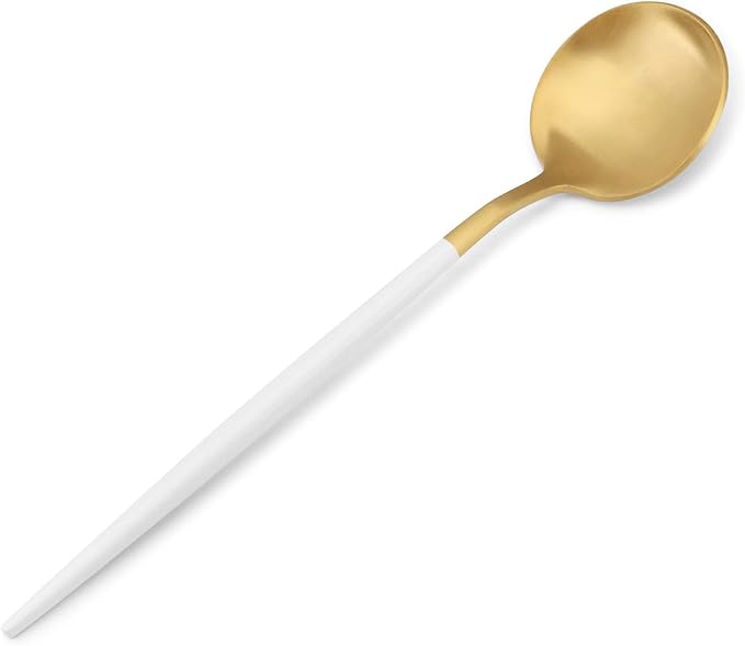 Matte Gold Silverware Set with white handle, Bysta 5-Piece Stainless Steel Flatware Set, Kitchen Utensil Set Service for 1, Tableware Cutlery Set for Home and Restaurant, Satin Finish, Dishwasher Safe