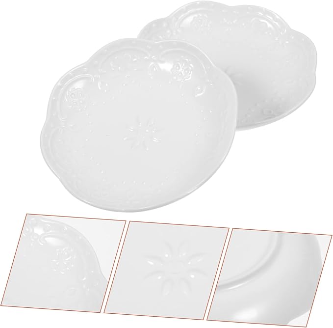 2pcs Flower Embossed Ceramic Dipping Sauce Dish Set White Appetizer Plate for Condiments Small Bowls for Soy Sauce and Snacks