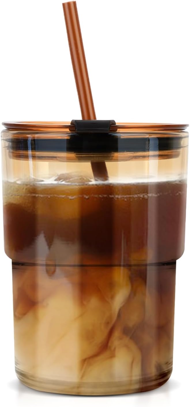 Luxfuel 13oz Tumbler Water Glass Cups with Straw and Lid, Reusable Iced Coffee Cups, Iced Tea, Sealed Carry-On Glass Tumbler for Travel, Home, Office, Party and Outdoor (Amber 1 Pack)