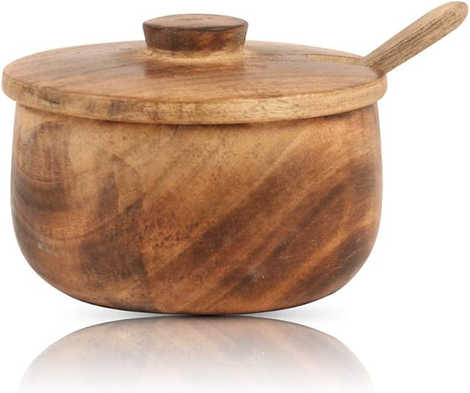 Decorative Rustic Wooden Sugar Bowl & Spoon With Lid Wide Mouth Candy Treat Jar Spice Jar Holder Condiment Nuts Serving Bowl Pot Salt Spice Herb Loose Leaf Tea Storage Container Novelty Home & Kitchen