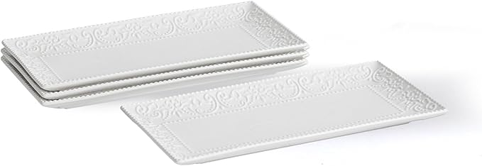 Rectangular Embossed Serving Platter Set, 12 Inch Large Serving Plates, Stackable Serving Tray for Wedding, Ceramic White Serving Platters for Entertaining, Dishwasher & Oven Safe (4PCS)