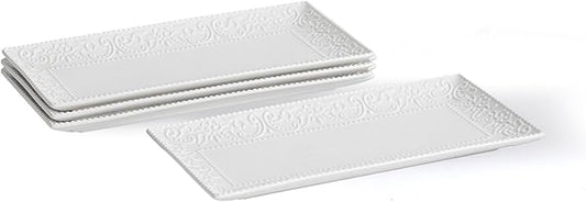 Rectangular Embossed Serving Platter Set, 12 Inch Large Serving Plates, Stackable Serving Tray for Wedding, Ceramic White Serving Platters for Entertaining, Dishwasher & Oven Safe (4PCS)