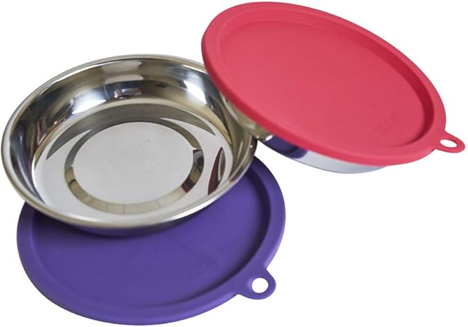 Messy Cats 4pc Set with Two Stainless Saucer Shaped Bowls and Two Silicone Lids, 1.75 Cups Per Bowl, Watermelon and Purple Lids