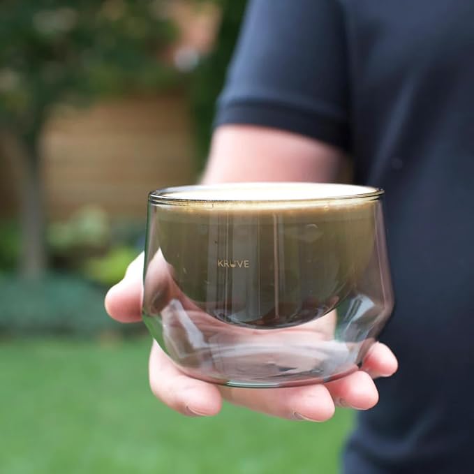 KRUVE IMAGINE Dark Coffee Cups - Handcrafted Double-Wall Glass Cups (Set of Two, 8.5oz/250ml) - Perfect for Latte Art and Espresso - Durable Borosilicate Glass - Ideal Gift for Coffee Mugs Lovers
