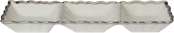 Regency Silver 3-Section Porcelain Tray with Scalloped Edges & Metallic Silver Rim, 15" Elegant Serving Tray for Appetizers, Dips & Relishes, Perfect for Entertaining & Everyday