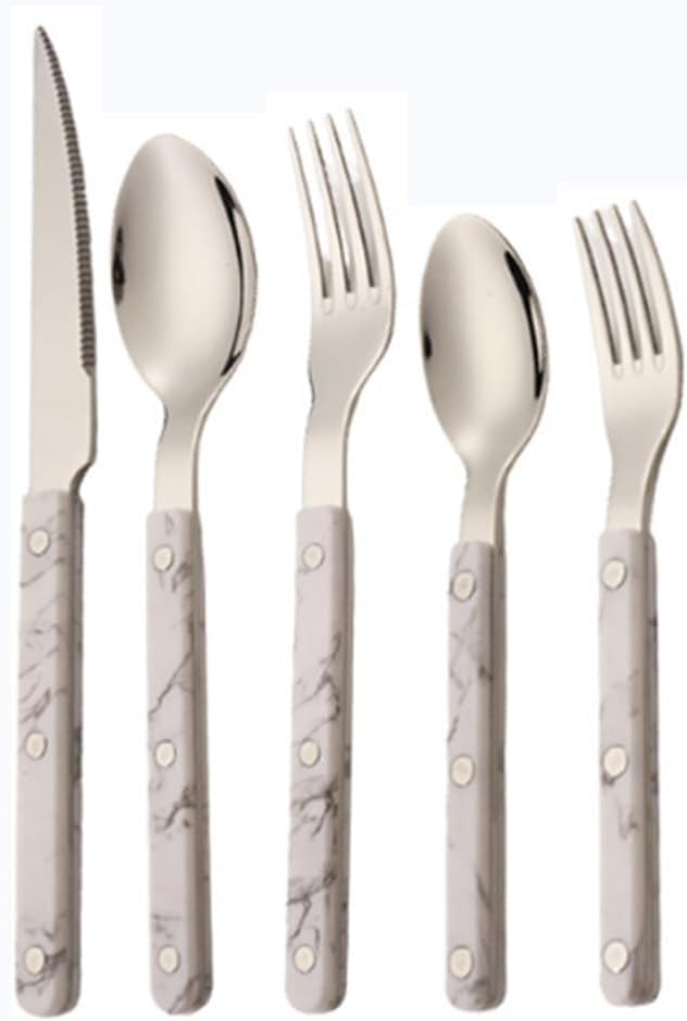 ABS Rivet Handle Marble Pattern Handle Kitchen Stainless Steel Silverware Tableware Flatware Cutlery Knives Forks Spoons Set,Butter Knife Dessert Spoon Fork (Marbling,5 pieces)