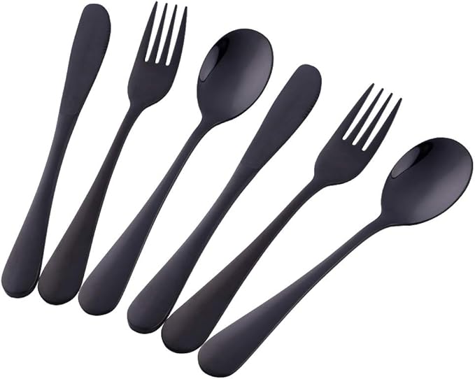 Flatware Silverware sets, 6pcs 18/8 Stainless Steel Cutlery Serving for 2, BPA-free Children Self-feeding Safe Kitchen Utensils, Mirror Polished (Black)