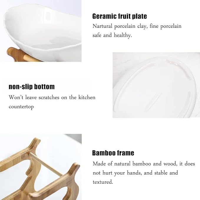 3 Tier Ceramic Fruit Bowl With Bamboo Wood Stand for Kitchen Counter,Porcelain Fruit Basket for Vegetable Storage,Snack Dessert Cake Tray Plate Rack for Party Wedding - White
