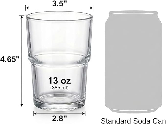 BenRain Stackable Drinking Glasses (Set of 6) – 13oz Clear Glass Cups for Iced Coffee, Juice & Beer – Modern Space Saving Highball Tumblers with Smart Non-Stick Design – Heavy Base & Dishwasher Safe