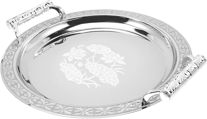 Mobestech Round Pattern Tray Silver Serving Plate Fruit Trays for Serving Round Bread Plate Storage Dish