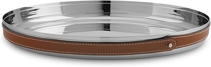 Nambe Tahoe Bar Tray | Stainless Steel Organizing Tray with Raised Edges and Leather Accent | Decorative Round Metal Serving Tray | 13in Removable Leather Accent