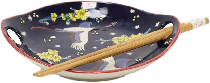 Ebros White Crane In Midnight Sky Appetizer Snack Serving Coupe Plate Dish With Chopsticks And Built In Rest Set Small Flat Bowl For Hors D'oeuvres Sushi Ice Cream Serveware Plates (2)