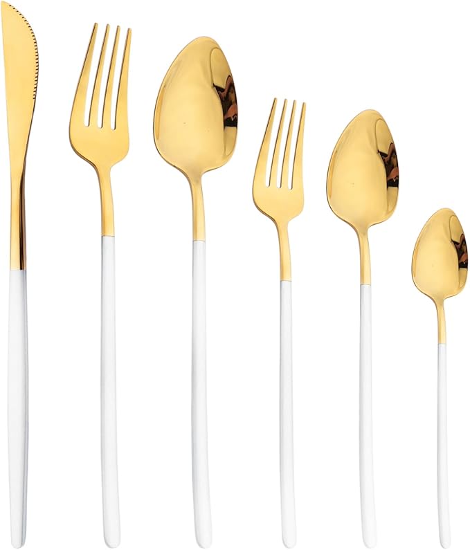 36pcs Silverware Set, 18/10 Stainless Steel Serving Flatware With Curved Handle For 6, Durable Eating Utensils For Home Entertaining, Mirror Polished (White Gold)