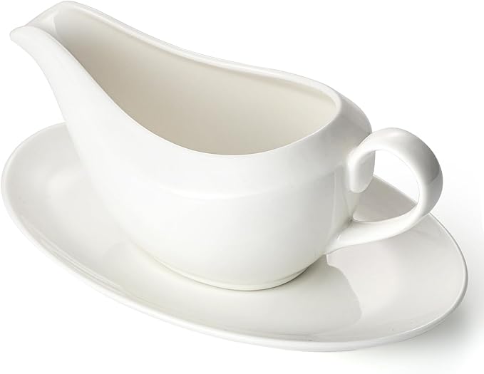 Gravy Boat with Saucer, 14oz Ceramic Gravy Bowl Sauce Boat with Tray for Broth, Salad Dressings, Cream, Milk and Black Pepper (white, Large)