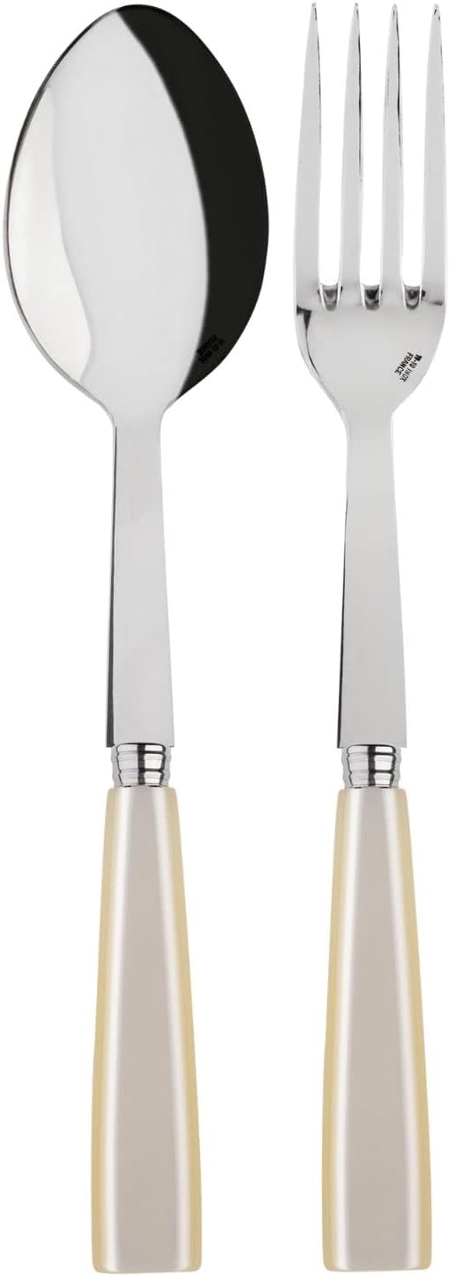 SABRE PARIS - 2-Piece Serving Set - Icône Collection - Large Fork & Large Spoon - Stainless Steel & Acrylic - Dishwasher Safe - Pearly White