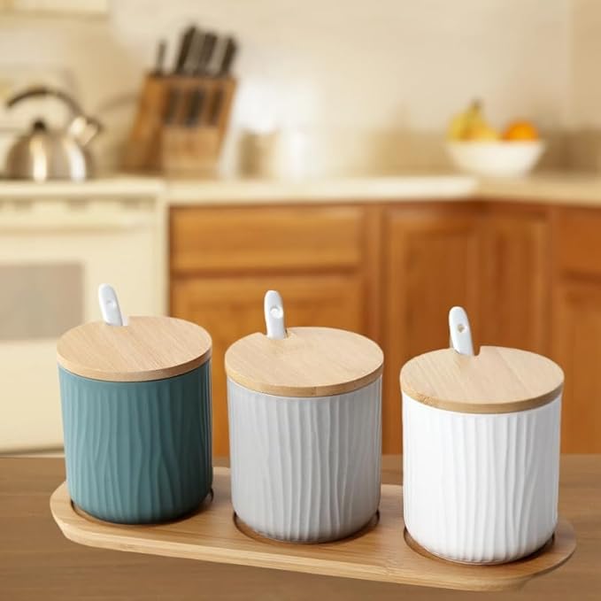 300ml Ceramic Sugar Bowl with Lid and Spoon,Grey Porcelain Salt Bowl Salt Container Bowl,Ceramic Spice Jar Seasoning Box Condiment Pot Honey Jar for Home Kitchen Coffee Bar (Whte B)