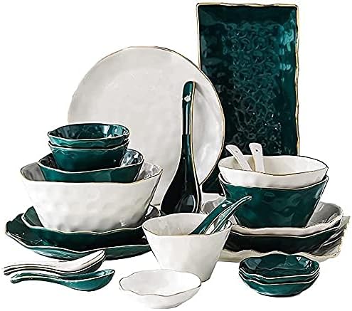 Dinnerware Sets, Tableware Set, Nordic Minimalist Style Plate and Bowl Sets, Green and White Mixed Ceramic Dinnerware Sets, Irregular Underglaze Kitchen Plate Set