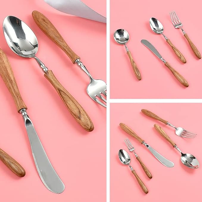 4 Pcs Flatware Set with Wood Handle, 304 Stainless Steel Silverware Cutlery Set for 1, Protable Tableware Set for Travel And Champing, Eating Utensils with Knife Fork Spoon