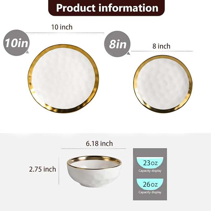 Vicrays 12-Piece Ceramic Dinnerware Set, Dinner Plates, Salad Plates & Cereal Bowls, Dish Set for 4, Microwave, Oven & Dishwasher Safe, Scratch Resistant, White with Golden