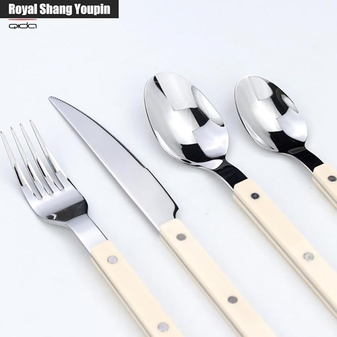 Rivet ABS Clamp Handle Kitchen Stainless Steel Silverware Tableware Flatware Cutlery Set Steak Knife Fork Spoon Teaspoon Western Tableware Butter Knife Set (Beige,16 pieces)