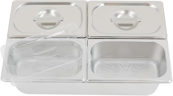 4 Pans Ice Food Serving Display Container, Stainless Steel Serving Tray Catering Supplies Buffet Display Condiment Dispenser Plate Case with Acrylic Replaceable Lids for Restaurant Hotel Kitchen