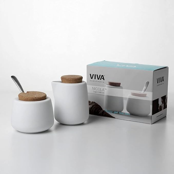 Viva Nicola White Sugar and Creamer Set – Porcelain Coffee Creamer & Sugar Bowl with Cork Lid and Spoon, 7oz / 200ml Milk & Sugar Set for Coffee Stations and Tea Serving