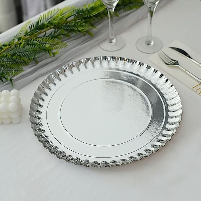 10 Silver 13 in Round Paper Serving Trays with Scalloped Rim Design - Disposable Wedding Party Tableware Supplies