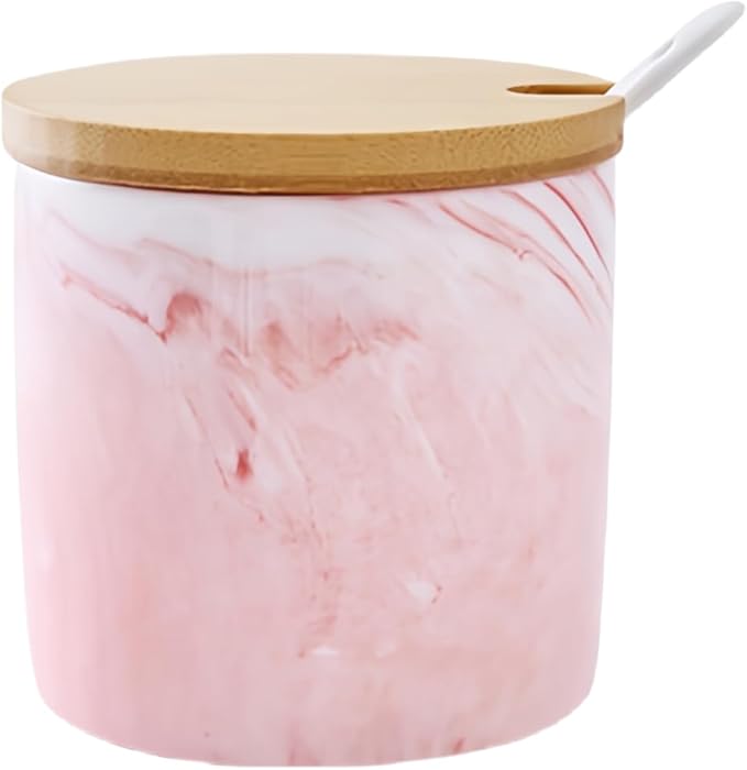 300ml Marble Ceramic Sugar Bowl with Bamboo Lids Spoon,Porcelain Salt Bowl Condiment Jar Spice Container Seasoning Condiment Pot Honey Jar for Home Kitchen (Pink)