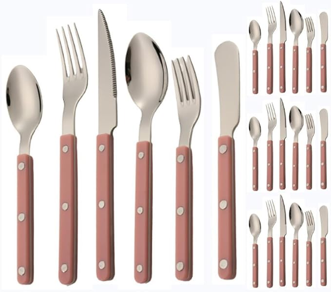 ABS Rivet Handle Marble Pattern Handle Kitchen Stainless Steel Silverware Tableware Flatware Cutlery Knives Forks Spoons Set,Butter Knife Dessert Spoon Fork (Pink,24 pieces)