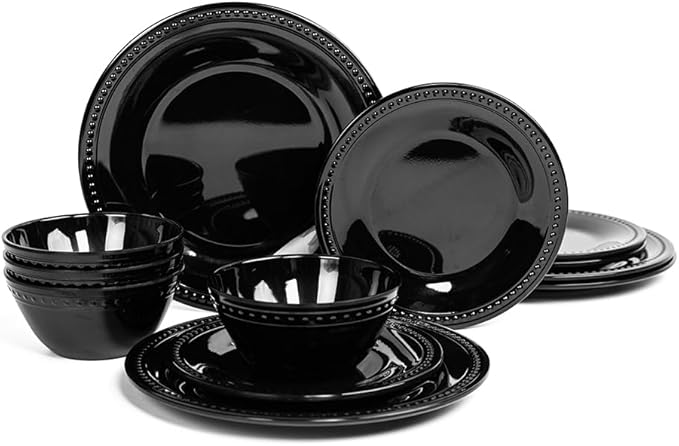 Black Melamine Dinnerware Sets of 12 Pcs, BPA Free Dishes Set, Plates and Bowls Sets for Indoor Outdoor Dining on the Beach, RV, Camping Use,Lightweight Unbreakable Dishwasher Safe