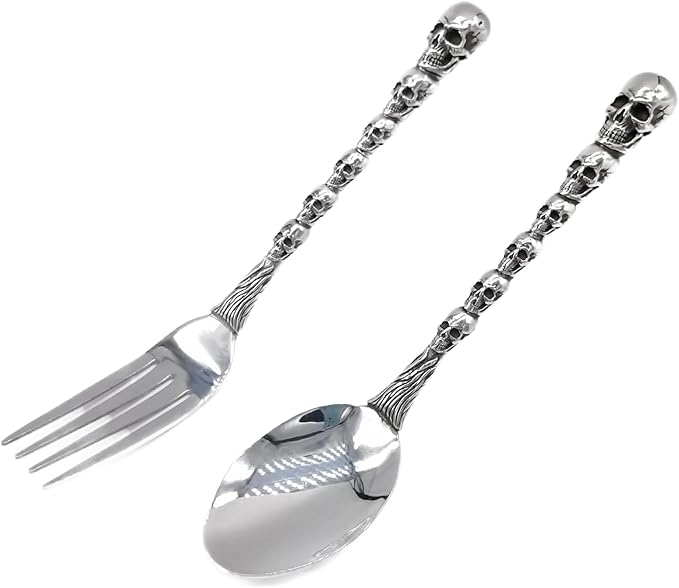 Skull Motif Serving Spoon Fork Set, Premium Stainless Steel Fork Spoon Silverware Set, Unique styles 3D Skulls, Dishwasher Safe, for Home, Kitchen, or Halloween Decorations