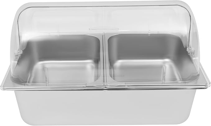 2 Pans Countertop Food Serving Display Container, Stainless Steel Flip-Top Fruit Tray with Clear Roll Top Cover, Buffet Chilled Condiment Container for Restaurant Hotel Kitchen