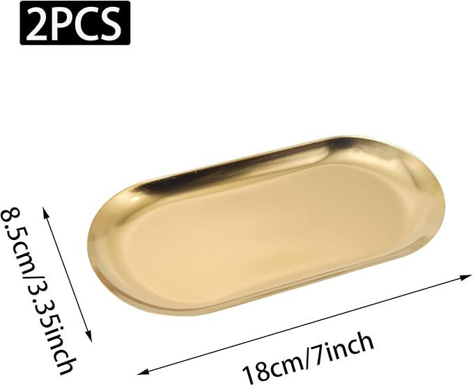 2 Pcs 7x3.35Inch Gold Stainless Steel Decorative Tray, Oval Stainless Steel Small Serving Trays for Tea Fruit, Jewelry Plate, Decorative Storage Tray