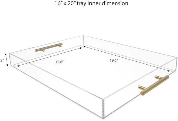 Isaac Jacobs Clear Acrylic Serving Tray (16x20) with Gold Metal Handles, Spill-Proof, Stackable Organizer, Food & Drinks Server, Indoors/Outdoors, Lucite Storage Décor (16x20, Clear with Gold Handle)