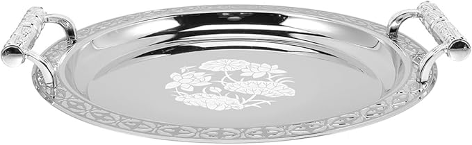 European Style Round Fruit Plate Silver Pattern Serving Tray for Home Storage and Appetizer Display Stainless Steel and Plastic Multi-use Decorative Platter for Snacks Nuts and