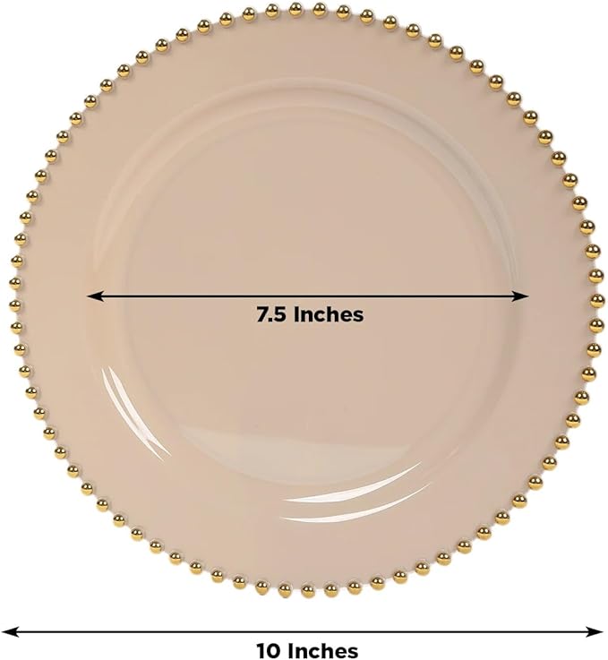 Efavormart 10-Pack Plastic Round Dinner Plates 10" Taupe with Gold Beaded Rim - Disposable Party Plates for Stylish Gatherings & Celebrations