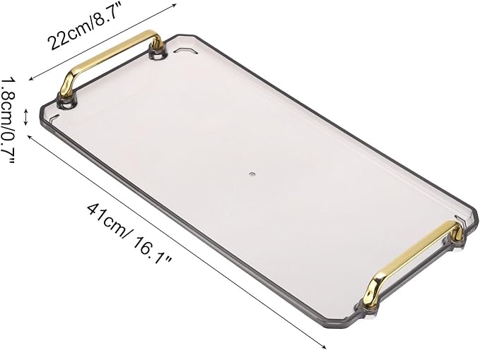 PATIKIL 16.1 x 8.7 Inches Plastic Serving Tray with Golden Handles, Reusable Tray Rectangular Party Platters for Dessert Coffee Tea Table, Living Room Kitchen Countertop, Gray