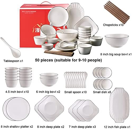 50 Piece White Dinnerware Set Ceramic Plates and Bowls Sets High Temperature Firing Microwave Oven Disinfection Cabinet Dishwasher Safe