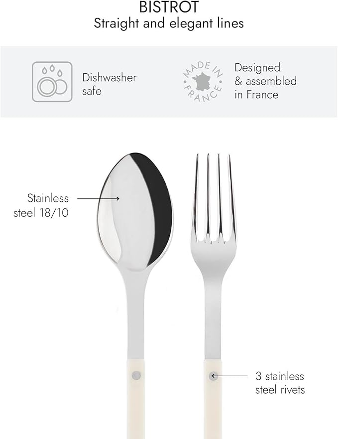 SABRE PARIS - 2-Piece Serving Set - Bistrot Collection - Large Fork & Large Spoon - Stainless Steel & Nylon - Dishwasher Safe - Ivory - Brilliant Finish