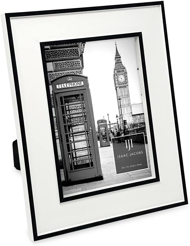 Isaac Jacobs 5x7 White w/Black (Vertical & Horizontal) Double Border Picture Frame w/Black Fabric Easel, Wall-Mountable, Made for Tabletop & Gallery, Home or Office (5x7, White W/Black)