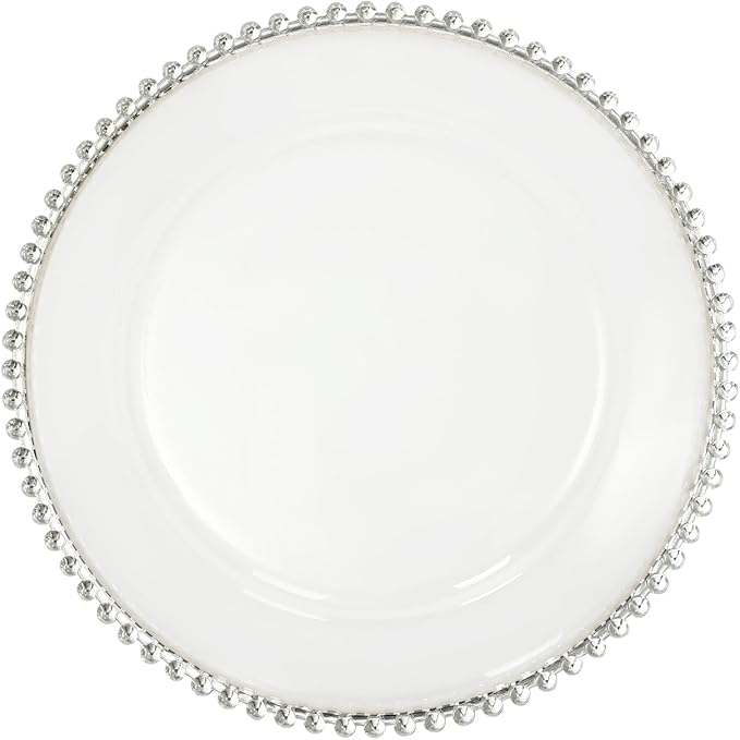 25 Pack Gold Charger Plates – Elegant Round Decorative Plates with Beaded Edge – Clear & Gold Hot-Stamped PS Platters for Weddings, Parties, Banquets – Stackable, Reusable