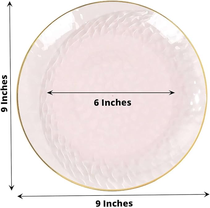 Efavormart 10 Pack | Transparent Blush Hammered 9" Round Plastic Dessert Appetizer Plates With Gold Rim, Disposable Salad Party Plate